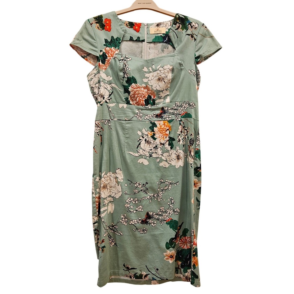 Grace Karin Womens Sage Green Floral Sheath Dress Cap Sleeve Sweetheart Pencil L